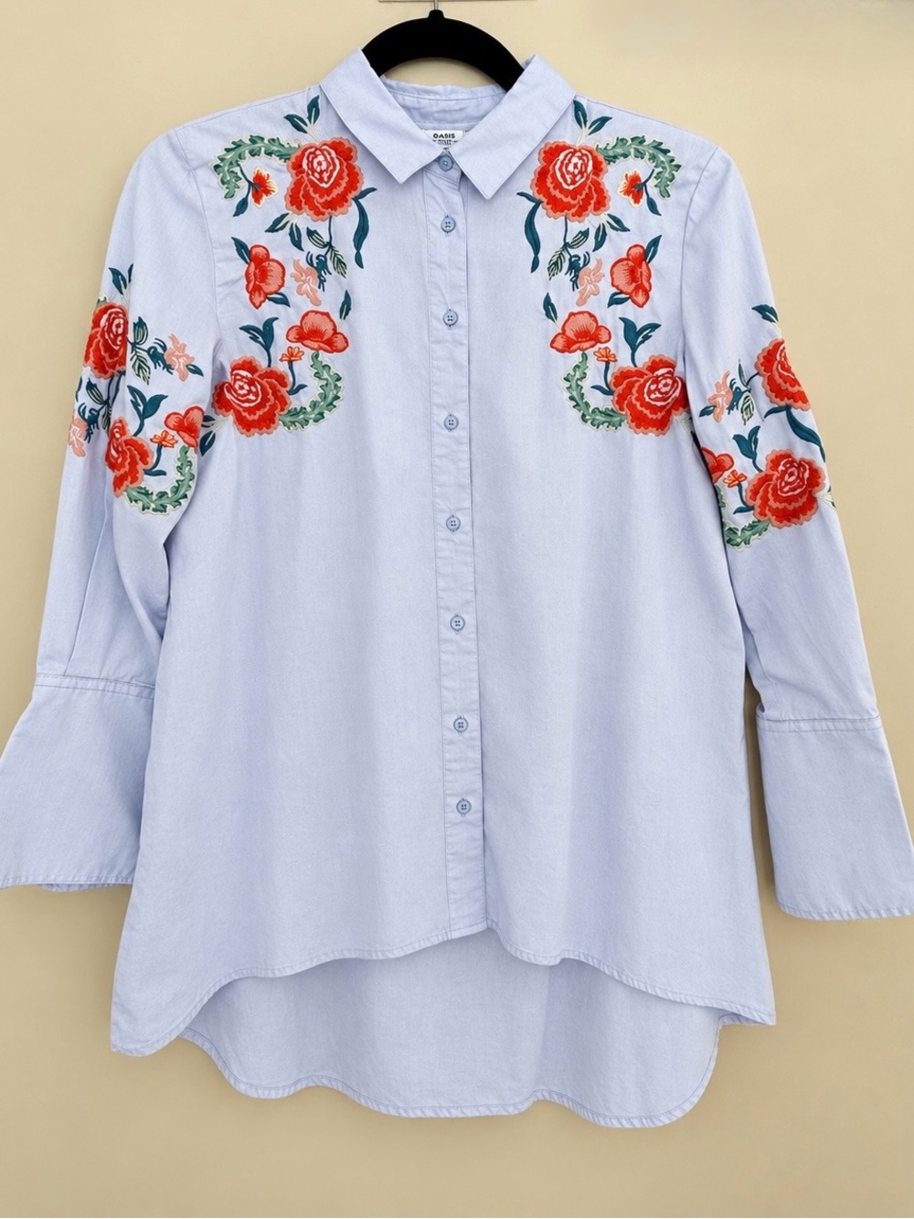 Zara Light Blue Shirt with Red Floral Embroidery